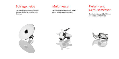 Der ESGE-Zauberstab® M 200 BBQ von Unold verfügt über drei Klingen: eine Quirlscheibe (links), einen Mehrklingenmixer (Mitte) und ein Hackmesser für Fleisch und Gemüse (rechts) mit jeweils deutscher Beschreibung darüber.