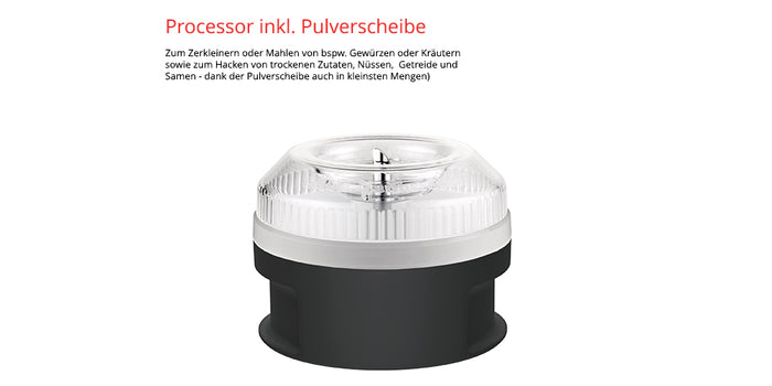 Der Unold ESGE-Zauberstab® M 200 BBQ Küchenmaschinenaufsatz in Schwarz und Transparent verfügt über eine Puderscheibe und eignet sich ideal zum Mahlen kleiner Mengen Gewürze, Kräuter, Nüsse, Getreide und Samen. Abbildung auf weißem Hintergrund mit deutschem Text.