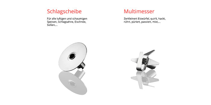 Abgebildet sind zwei Metallaufsätze für den Unold ESGE-Zauberstab® M 200 Chrom: links die Schlagscheibe und rechts das Multimesser, jeweils mit deutscher Beschreibung oben.
