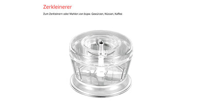 Der Unold ESGE-Zauberstab® M 200 Chrom ist ein Elektrozerkleinerer zum Zerkleinern und Mahlen von Gewürzen, Nüssen oder Kaffee. Auf weißem Hintergrund mit deutscher Beschreibung zur Verwendung in der Lebensmittelverarbeitung.