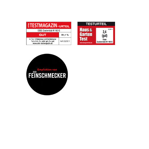 Der Unold ESGE-Zauberstab® M160 G Gourmet verfügt über drei deutsche Auszeichnungs- und Bewertungssiegel: die Bewertung des Testmagazins, die Bewertung des Haus & Garten-Tests und ein schwarzes Kreislogo von „Der Feinschmecker“, das das Produkt empfiehlt.
