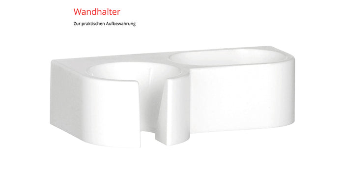 Ein weißer, rechteckiger Wandhalter für den ESGE-Zauberstab® M160 G Gourmet von Unold, mit zwei ovalen Öffnungen zur praktischen Aufbewahrung. Der Text oben lautet „Wandhalter“ und „Zur praktischen Aufbewahrung“.