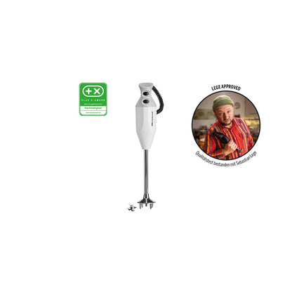 Der weiße Unold ESGE-Zauberstab® P 350 Profi mit einem Edelstahl-Mixstab steht aufrecht. Links ist eine grüne Nachhaltigkeitsplakette zu sehen, rechts hält ein Koch den Stabmixer mit der Aufschrift "Lecce Approved".