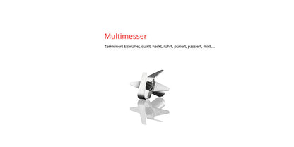 Der Edelstahl-Mehrblatt-Mixaufsatz des Unold ESGE-Zauberstab® P 350 Profi ist zentriert auf weißem Grund abgebildet, darüber weist ein deutscher Text auf die Hack-, Mix- und Pürierfunktionen hin.