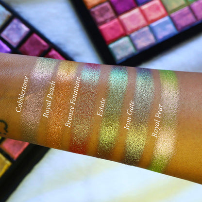 Straight angled arm swatches on medium skin tone of Estate Earth Vibrant Multichrome Eyeshadow shifts compared to Cobblestone, Royal Peach, Bronze Fountain, Iron Gate and Royal Pear