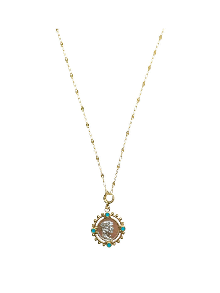 Trendy gold and turquoise charm necklace for summer jewellery styling