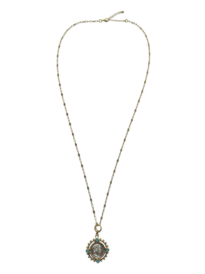 Trendy gold and turquoise charm necklace for summer jewellery styling