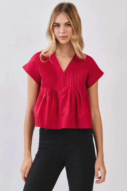 tcec crimson red Everyday Win Pintuck Pleated Detail Poplin Top - Red gameday top