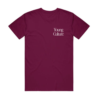 Maroon colored t-shirt with YOUNG CULTURE written in the top left side in white letters.