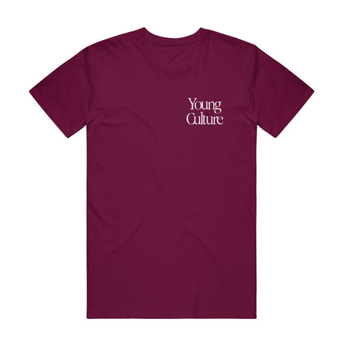 Maroon colored t-shirt with YOUNG CULTURE written in the top left side in white letters.