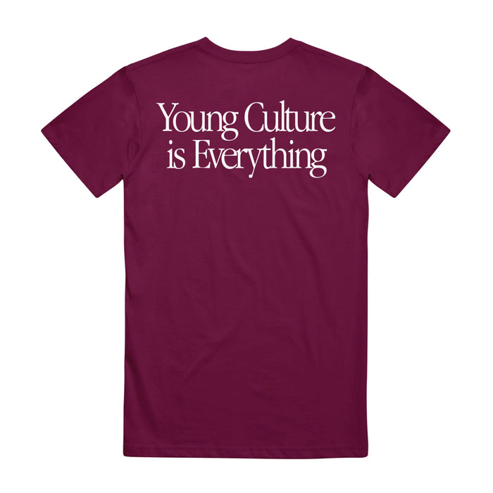 YOUNG CULTURE IS EVERYTHING is written in large white letters at the top of the back of the shirt.