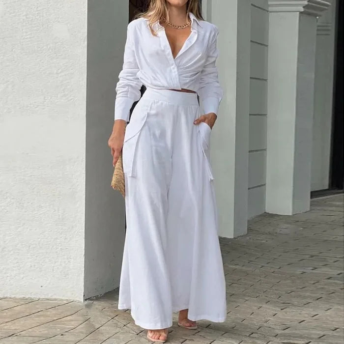 White Long sleeve crop shirt wide leg pants set women FTF Market UK