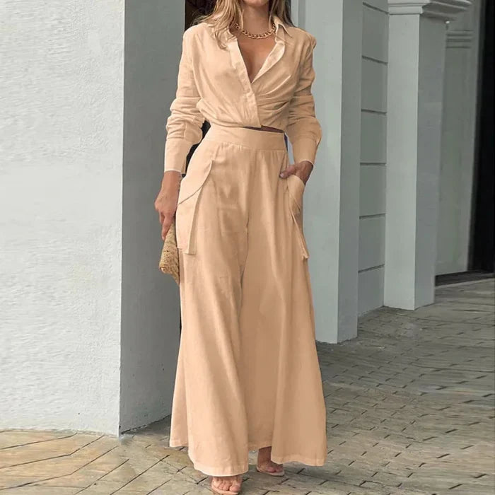Beige long sleeve crop shirt wide leg pants set women FTF Market UK