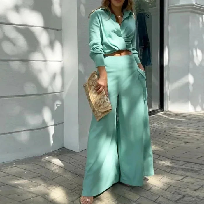 Mint green long sleeve crop shirt wide leg pants set women FTF Market UK