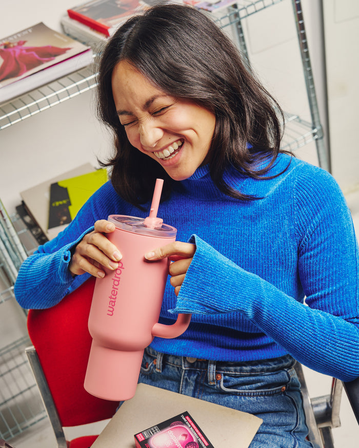 Explorer Thermo Tumbler with flip-open straw, up-close.
