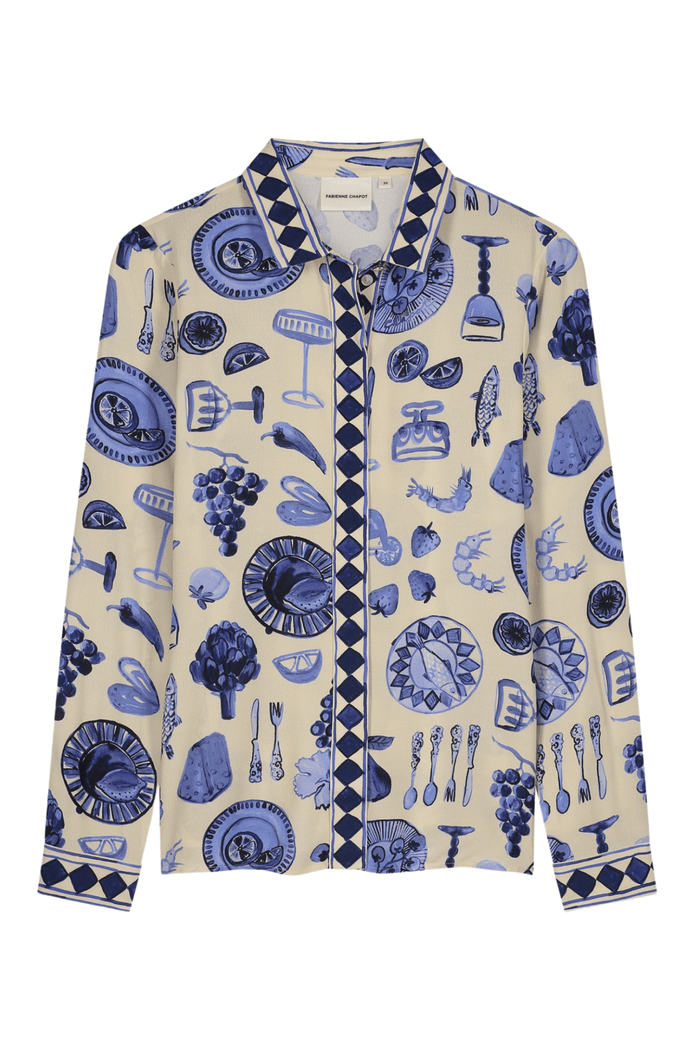 Fabienne Chapot cream blouse with blue food print front view – Dotique