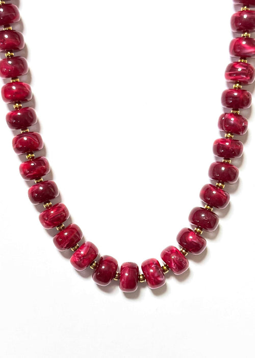 savvy bling Fall Marble Barrel Beaded Statement Necklace: Burgundy Swirl trendy bead necklace