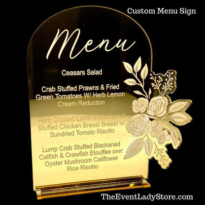 Fancy Custom Acrylic Mirror Menu Sign with Floral Design for Weddings or Mis Quince Receptions