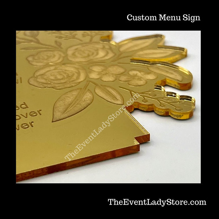Fancy Custom Acrylic Mirror Menu Sign with Floral Design for Weddings or Mis Quince Receptions