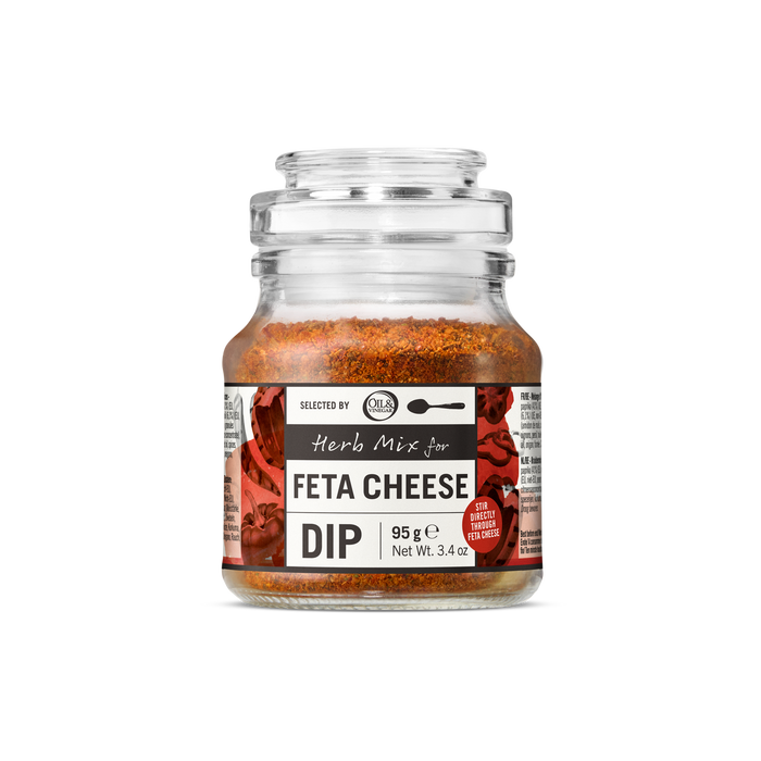 Jar of feta cheese dip herb mix with a label