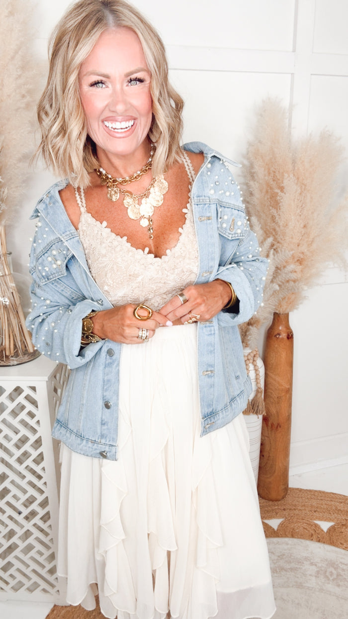 -FINAL SALE- Pearl and Rhinestone Denim Jacket