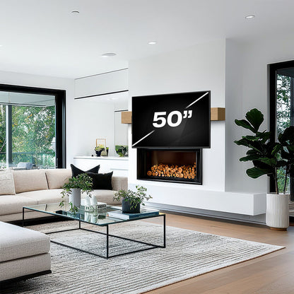 Fireplace Mantel TV Mount for 32" to 50" TVs mounted on mantel in modern living room space