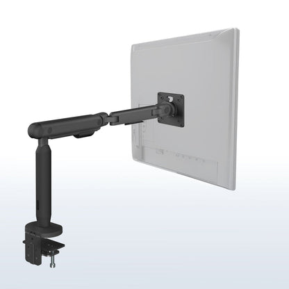Black monitor arm attached to a computer screen on a white background
