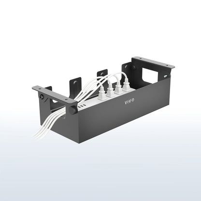 Flip Open Under Desk Cable Management Box on a white and blue gradient background