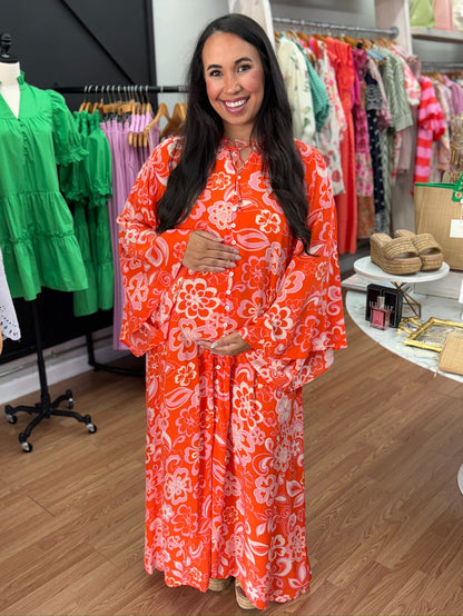 Floral 70's Button Kaftan Maxi Dress