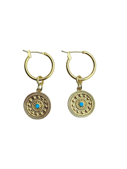 Trendy gold plated Florence coin earrings with small turquoise stone for everyday stylish look