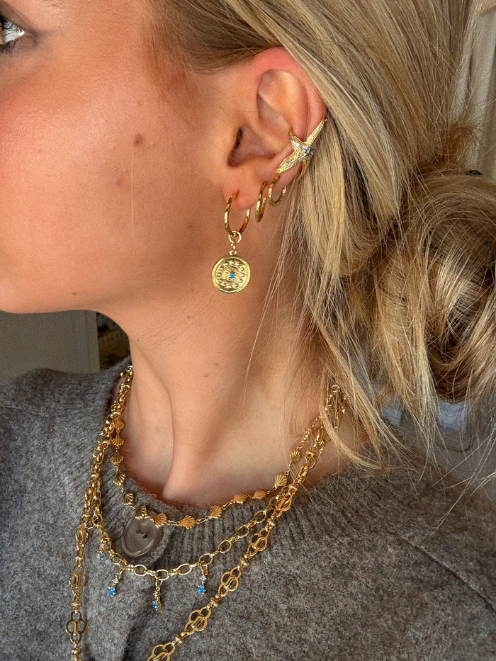 Trendy gold plated Florence coin earrings with small turquoise stone for everyday stylish look