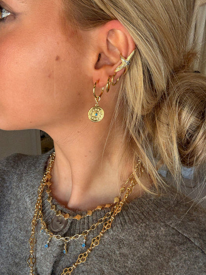 Trendy gold plated Florence coin earrings with small turquoise stone for everyday stylish look