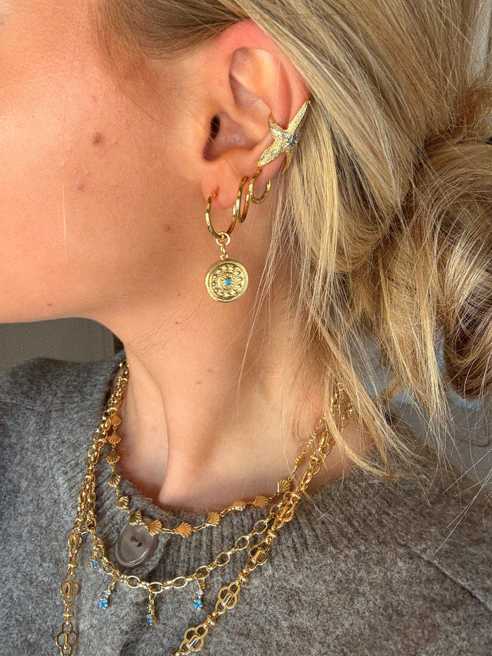 Trendy gold plated Florence coin earrings with small turquoise stone for everyday stylish look