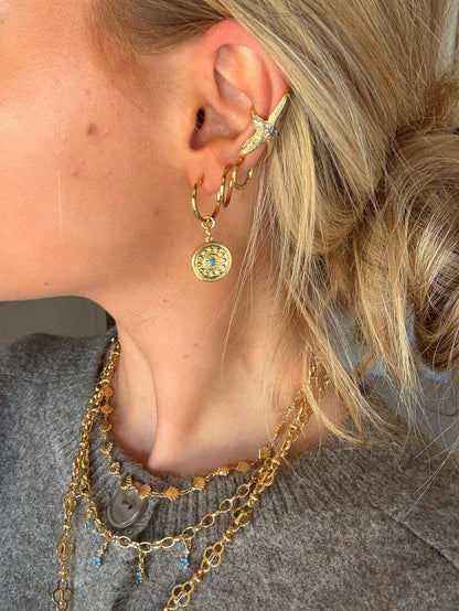 Trendy gold plated Florence coin earrings with small turquoise stone for everyday stylish look