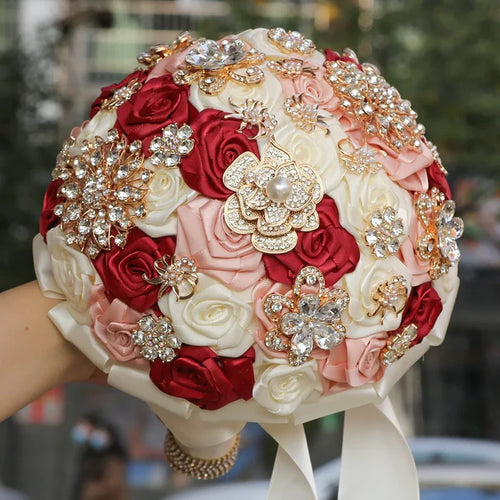 Flowers Galore Bouquet Golden Rhinestone-Silk Handmade Flowers for Bride - Bridesmaids - Quinceanera