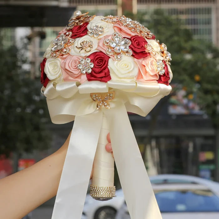 Flowers Galore Bouquet Golden Rhinestone-Silk Handmade Flowers for Bride - Bridesmaids - Quinceanera