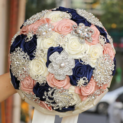 Flowers Galore Bouquet Golden Rhinestone-Silk Handmade Flowers for Bride - Bridesmaids - Quinceanera