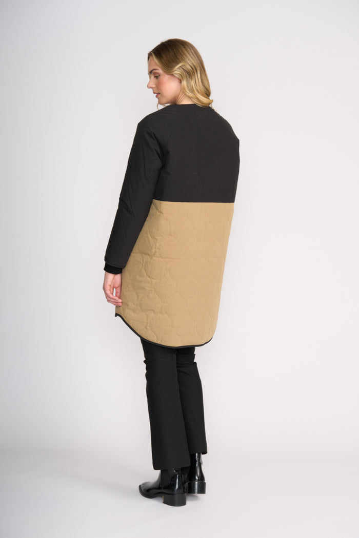 Back view shows Foil FO8388 Hidden Talent Reversible Coat Black & Tan on model Shop Foil at Dotique