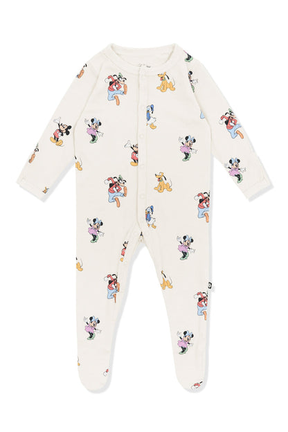 Footie with Mickey Mouse and Friends print on an oat background