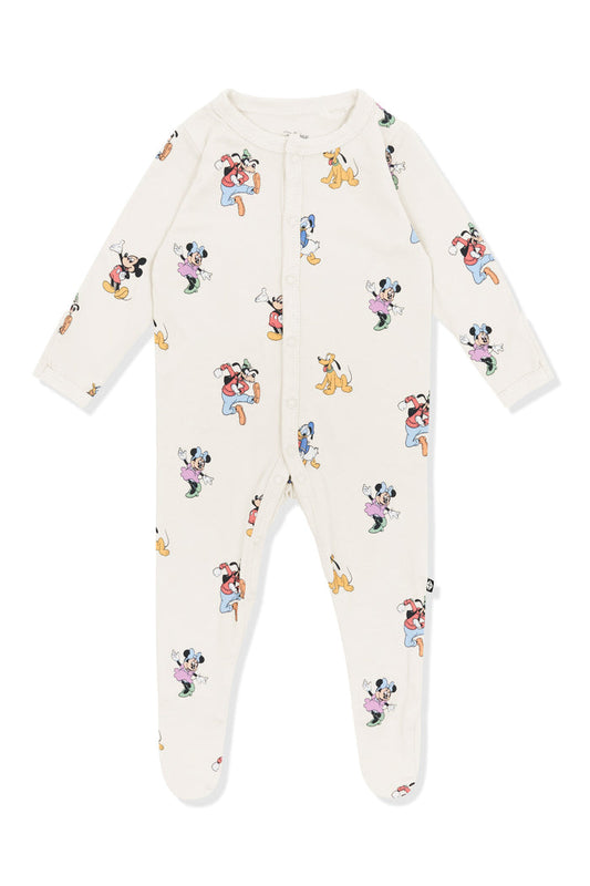 Footie with Mickey Mouse and Friends print on an oat background