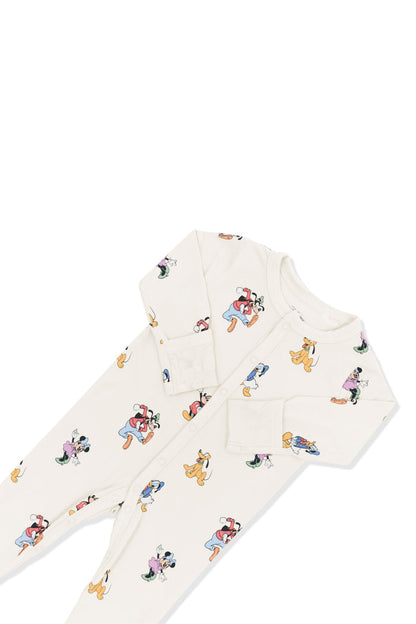 Top part of footie in mickey mouse and friends print on an oat background