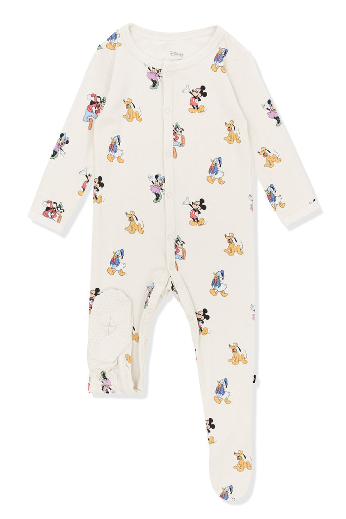 Bottom part of footie in mickey mouse and friends print on an oat background