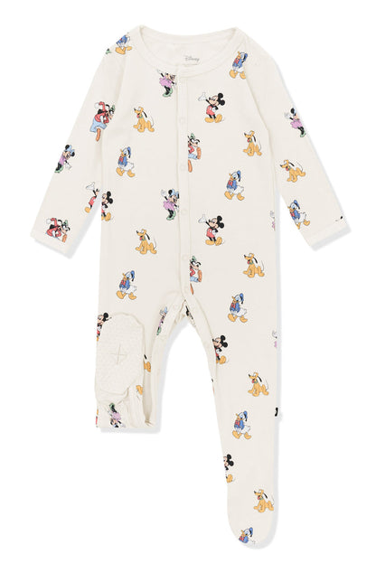 Bottom part of footie in mickey mouse and friends print on an oat background