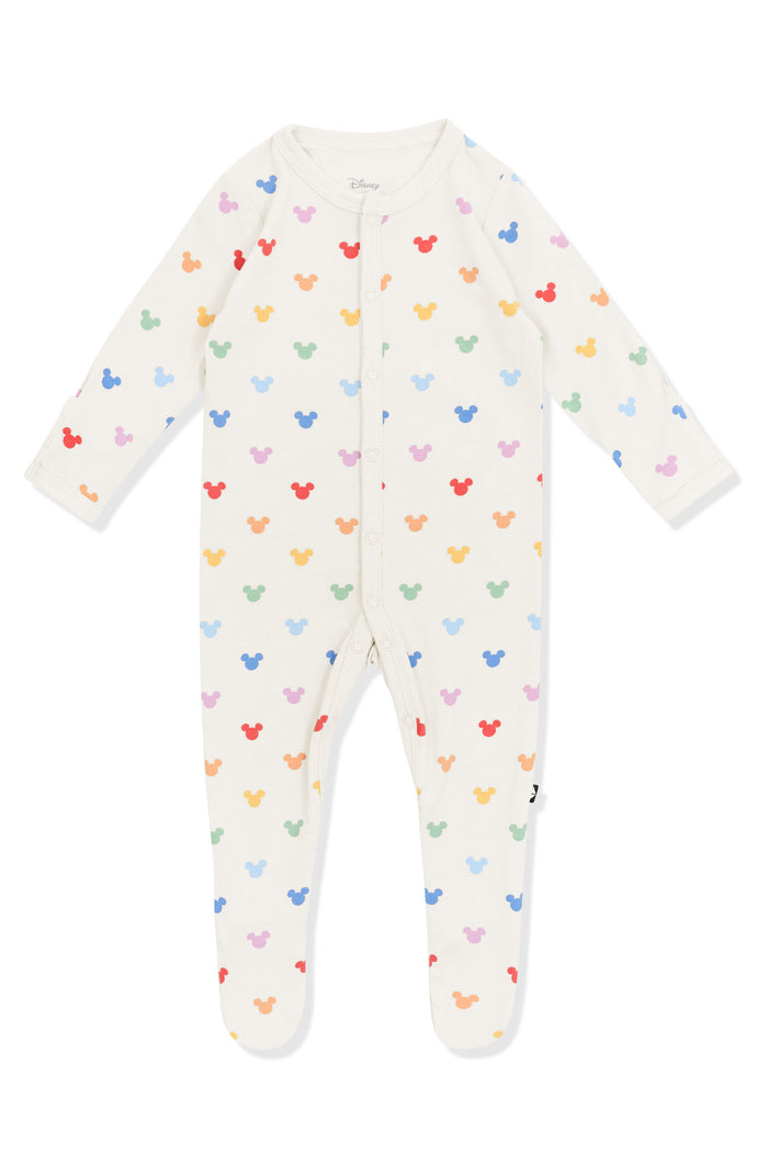 Footie with Pastel Mickey Mouse print on an oat background