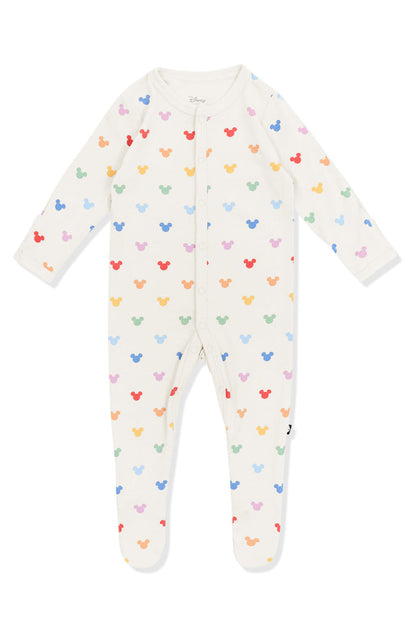 Footie with Pastel Mickey Mouse print on an oat background