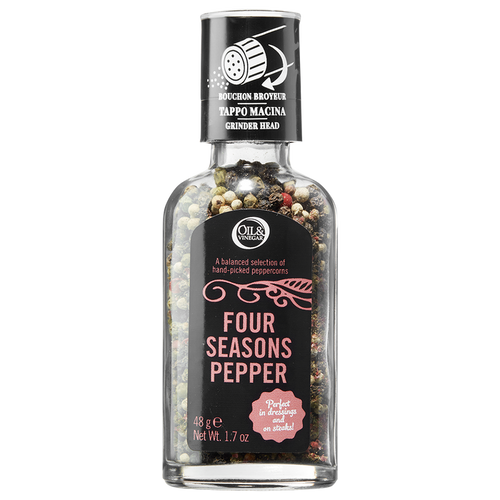 A clear glass bottle with a grinder cap containing a blend of black, white, green, and pink peppercorns, labeled 'Four Seasons Pepper'.