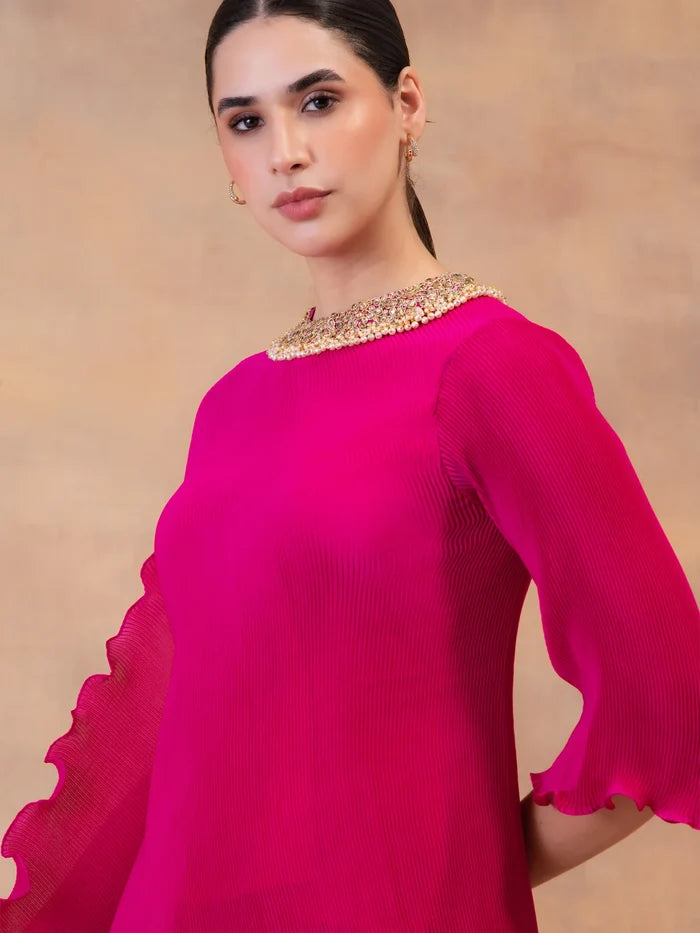 Fuchsia Flow Drape Tunic With Dhoti Pants