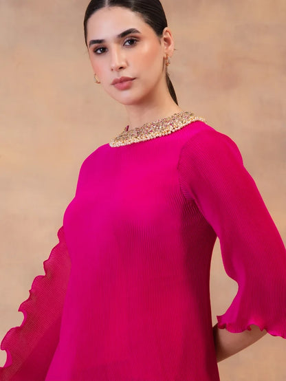 Fuchsia Flow Drape Tunic With Dhoti Pants