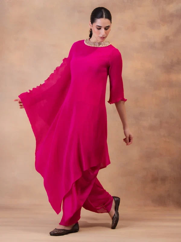 Fuchsia Flow Drape Tunic With Dhoti Pants