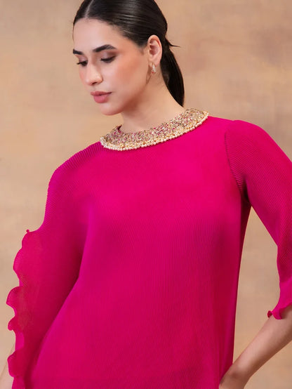 Fuchsia Flow Drape Tunic With Dhoti Pants